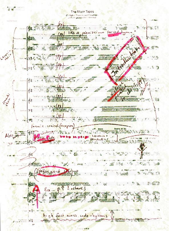 Seite der Partitur der Moon Tapes mit dem Fußabdruck von Neil Armstrong.