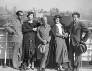 v.l.n.r. Francesco und Leonora von Mendelssohn, Kurt Weill, Lotte Lenya, Meyer Wolf Weisgal.