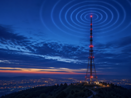 Rundfunksendemast, der Radiowellen in einen blauen Hmmel abstrahlt.