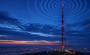 Rundfunksendemast, der Radiowellen in einen blauen Hmmel abstrahlt.