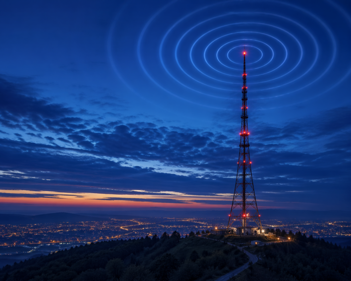 Rundfunksendemast, der Radiowellen in einen blauen Hmmel abstrahlt.